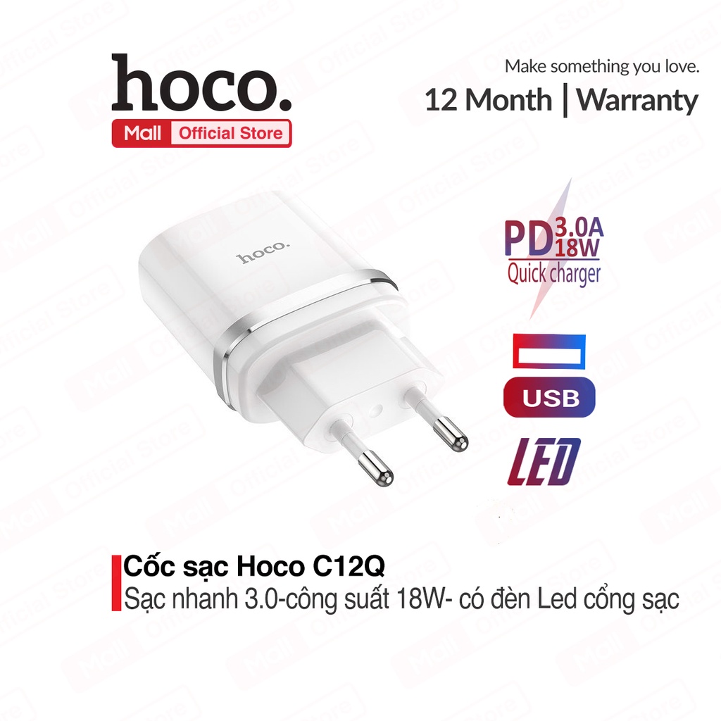 Củ sạc nhanh Hoco C72Q 1 cổng USB sạc nhanh 3A, PD 18W, tương thích với nhiều thiết bị ( EU )