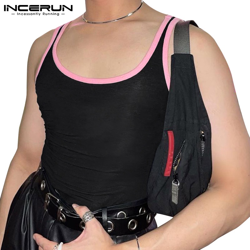 Áo thun INCERUN không tay màu đen cổ tròn màu sắc tương phản dành cho nam