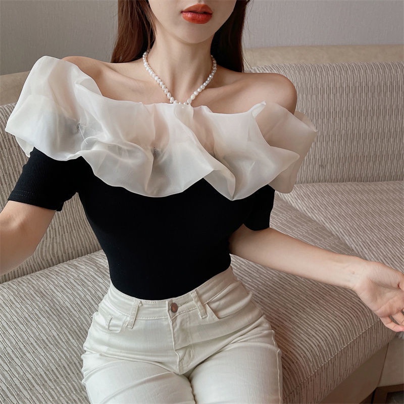 Áo Thun Tay Ngắn Cổ Phẳng Phối Lưới Thời Trang Mùa Hè Phong Cách Mới Cho Nữ