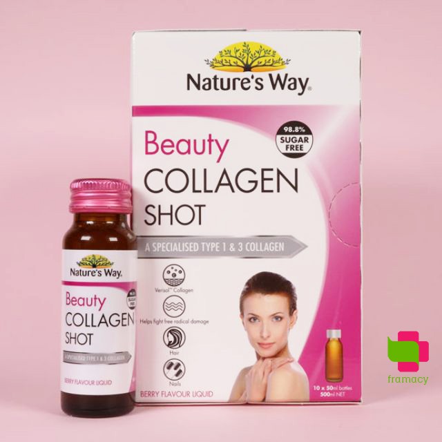 Nature's Way Beauty Collagen Shot thủy phân (10x50ml)/Collagen Liquid dạng nước (500ml), Úc có hạt nho và vitamin E