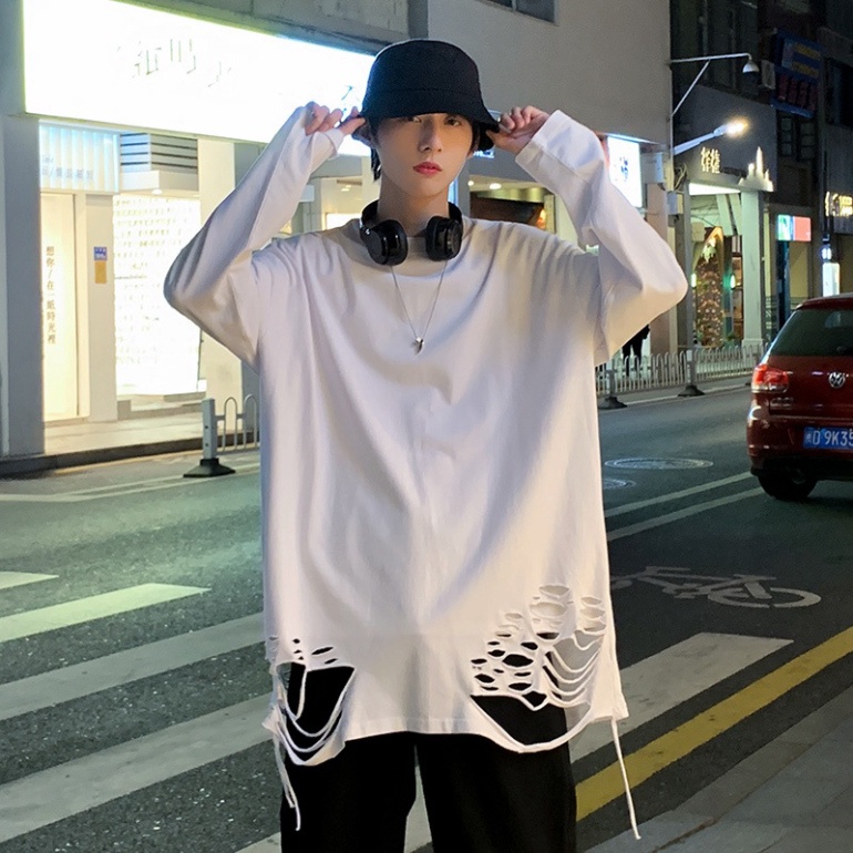 Áo thun dài tay 95% cotton rách gấu tạo layer màu basic hip hop unisex nam nữ