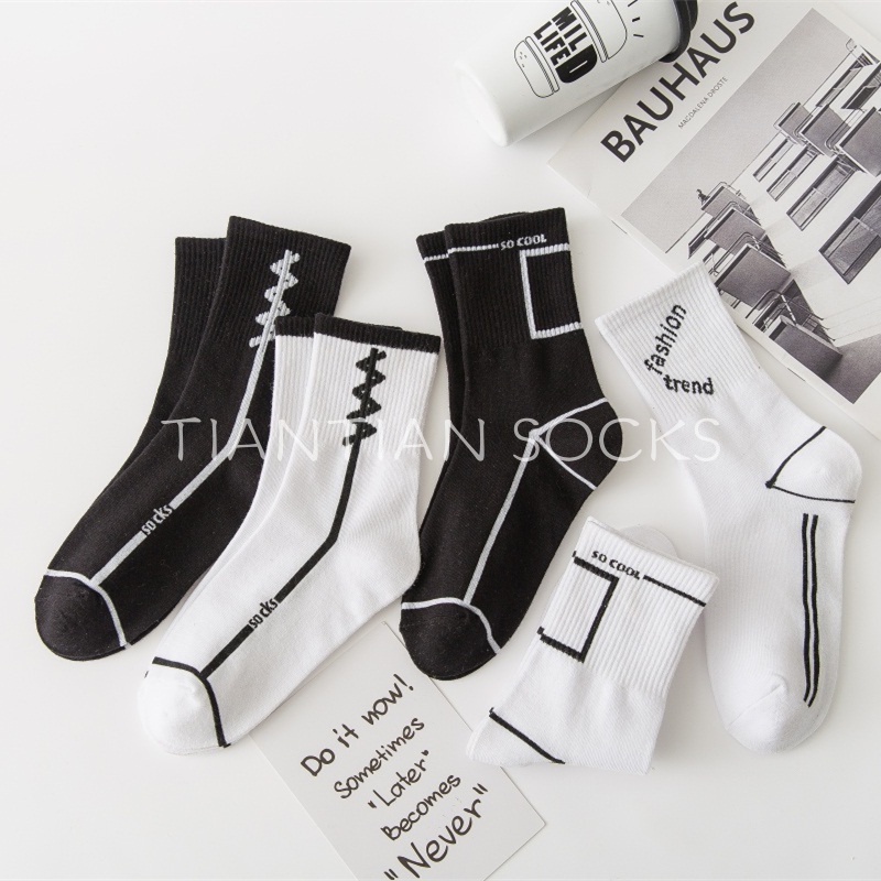 TIAN TIAN T099 Tất nam cổ cao Sản phẩm chất lượng cao Vớ thể thao ống vừa thoáng khí thấm hút mồ hôi màu trắng đen phong cách Hàn Quốc