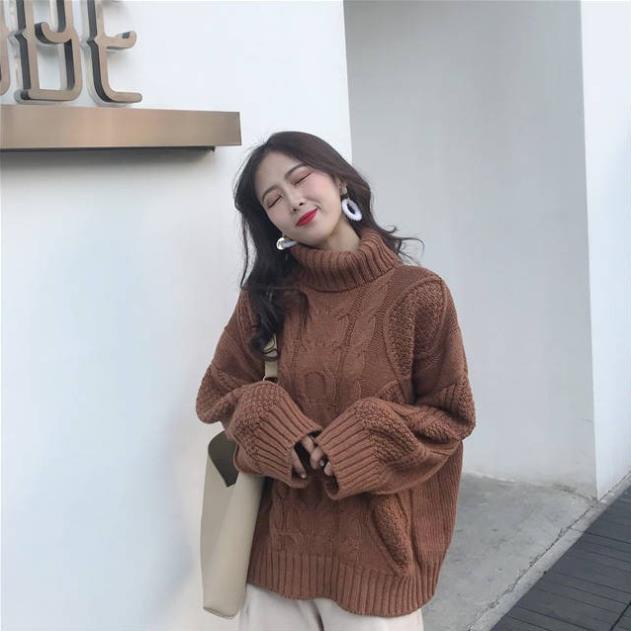 áo len ulzzang cao cổ dày áo len thừng cổ lọ gấp áo len nữ đẹp dáng rộng tay dài màu be sữa nâu kiểu hàn quốc -b11