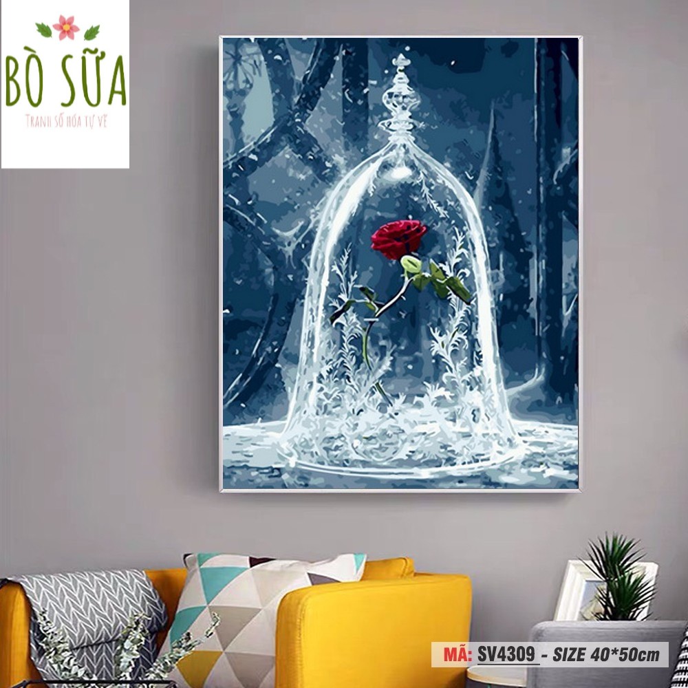 Tranh số hóa tự tô màu loại khung dày 2.5cm đầy đủ phụ kiện, phủ bóng Hoa Hồng trong lọ thủy tinh SV4309