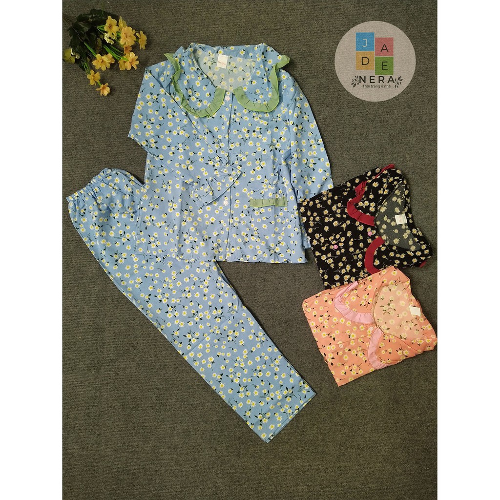 Bộ lụa hàn tay dài, quần dài phối bèo, họa tiết hoa nhí, xinh xắn, freesize