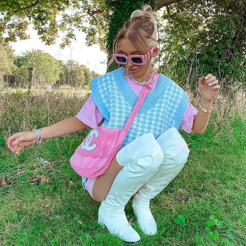 Áo Len Sát Nách Cổ Chữ V Họa Tiết Houndstooth Phong Cách Anh