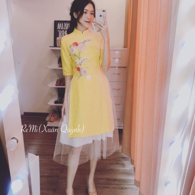 Áo dài cách tân ⚡FREESHIP⚡ Áo dài thêu ruy băng cao cấp