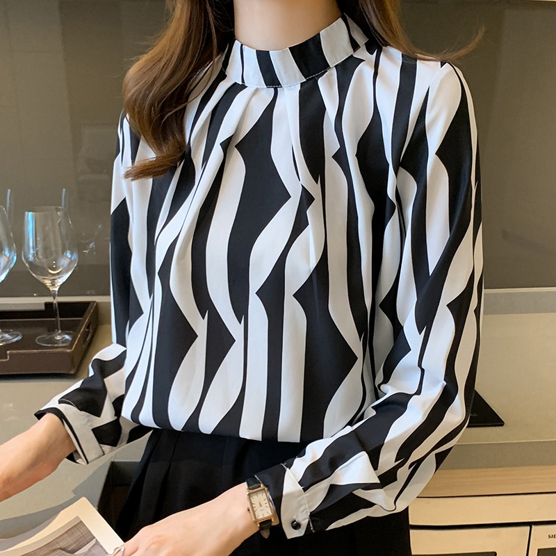 Mới Áo sơ mi chiffon cổ tròn tay dài in họa tiết phong cách Hàn Quốc
