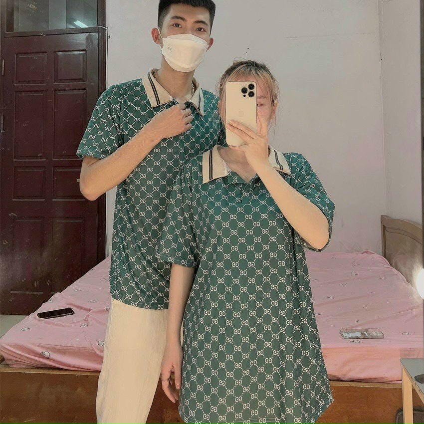 Áo polo GG họa tiết in kín BIGOMALL - Áo phông cổ bẻ nam nữ unisex hót trend cháy phố Freesize Form Rộng 65kg