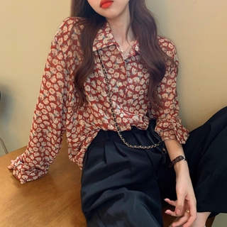 [Ảnh Thật] Áo Sơ Mi Nữ, Áo Sơ Mi Hoa Nhí Đỏ Vintage Phong cách Hàn Quốc Cao Cấp DMee