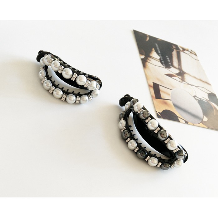 Kẹp tóc hình oval đính đá & ngọc trai giả phong cách Hàn