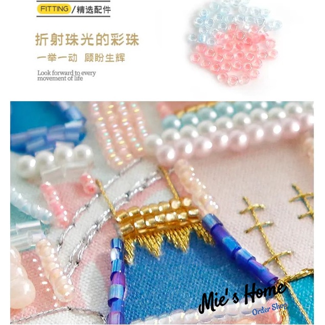 Bộ Kit Gói Dụng Cụ Thêu Tay Thủ Công có đính Cườm Ngọc - Lâu Đài Happy Castle - Nguyên liệu DIY Handmade Embroidery MIE
