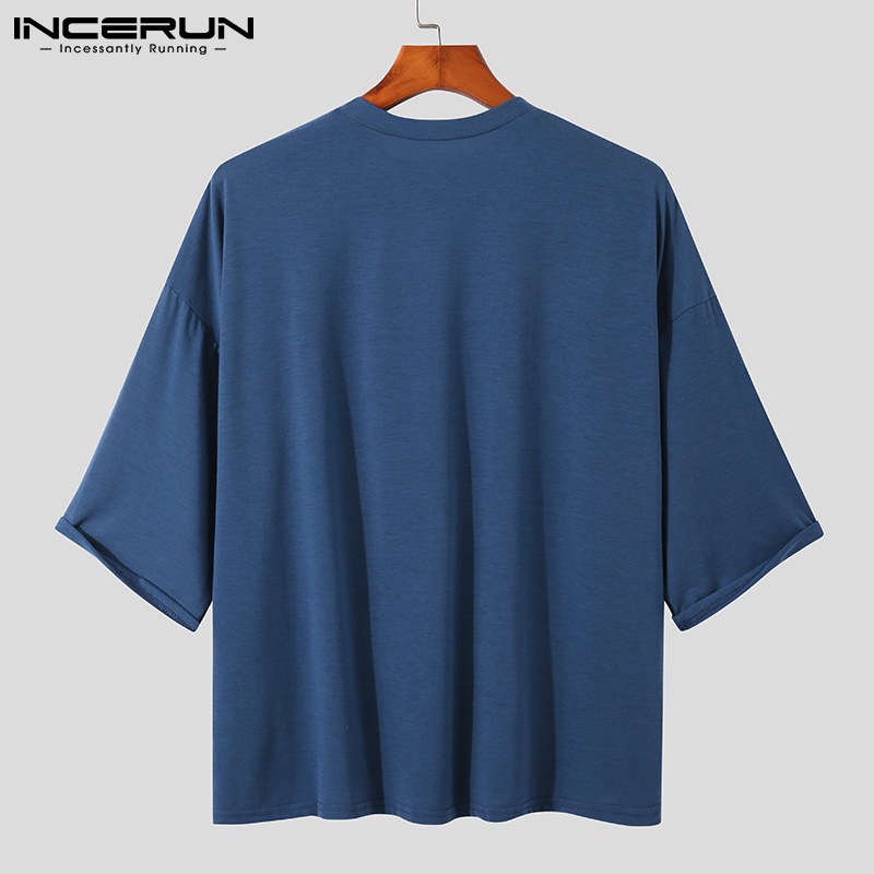 Áo thun INCERUN cotton tay lỡ cổ tròn màu trơn thời trang mùa hè cho nam giới