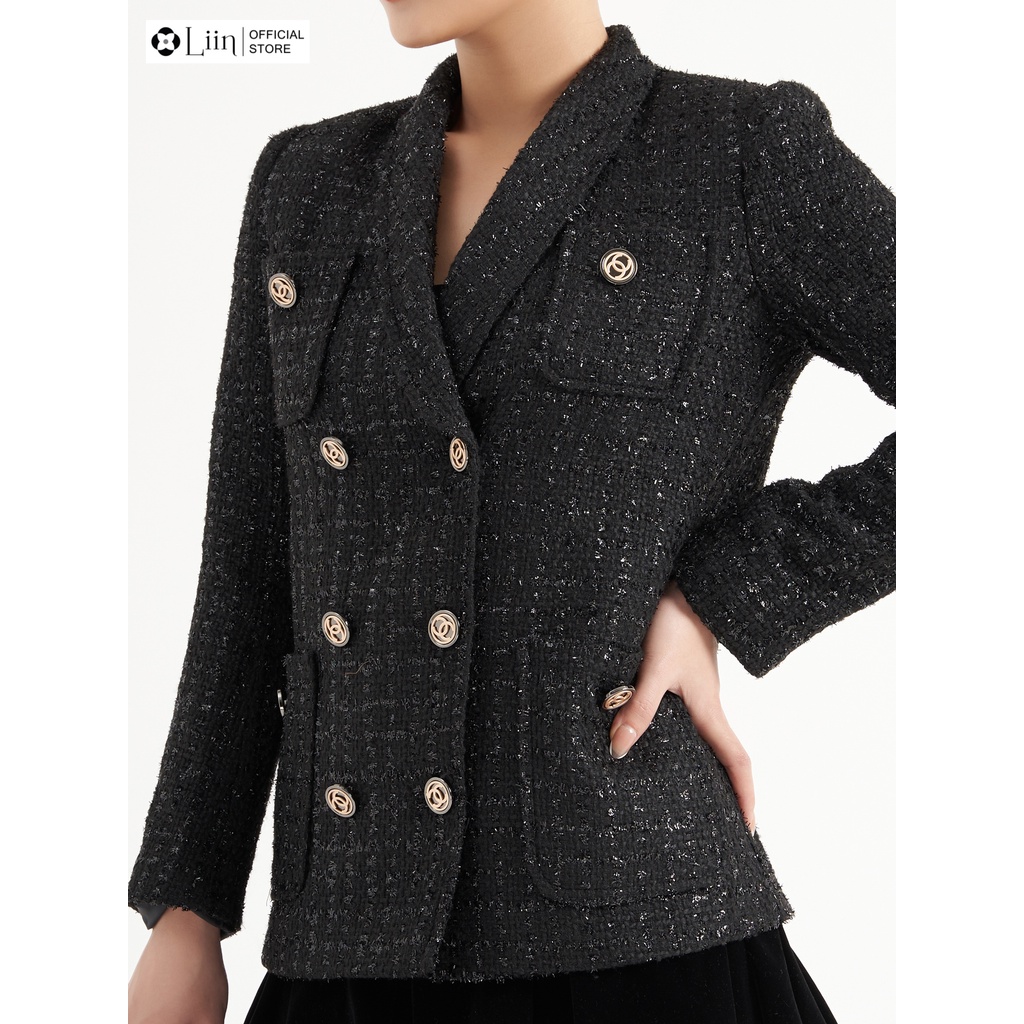 Áo vest dạ tweed màu đen dày dặn, kiểu dáng sang trọng, hiện đại Liin Clothing V5365