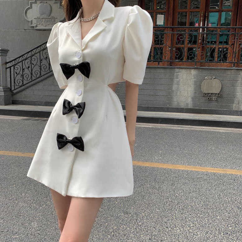 bộ thời trang ۩suit dress nữ nơ tay phồng ngắn màu trắng váy mùa hè 2021 cổ điển Pháp mới