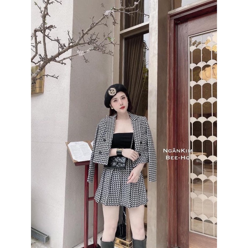 Set vest dạ kẻ mix chân váy xếp ly xèo 2 lớp xinh xắn