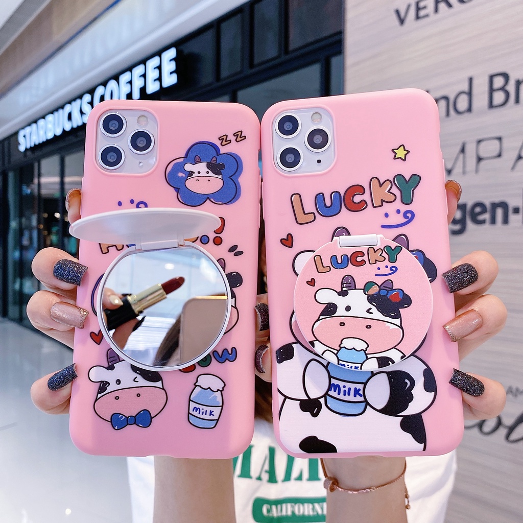 iPhone 12 Mini 11 Pro Max X XR XS Max 8 7 6 6S Plus SE 2020 Cute Cows Mobile Phone Soft Case with The Same Cow Mirror