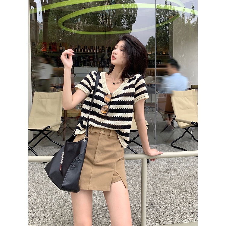 Áo len Dệt Kim tay cộc Dáng Rộng Kẻ Sọc