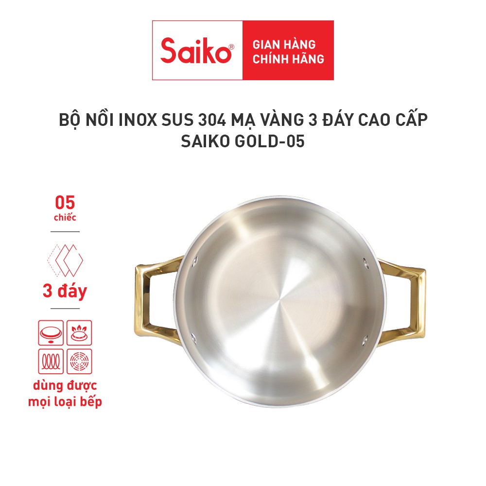 Bộ nồi inox cao cấp 3 đáy mạ vàng, 3 nồi 2 chảo kèm nắp phù hợp gia đình muốn có nguyên bộ cùng màu Saiko GOLD 05