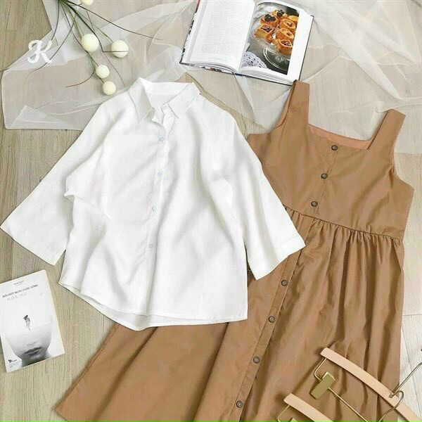 [ Miễn Phí Ship 2022 ] Set yếm kate form rộng tay lỡ, set yếm hai món áo sơ mi tay lỡ kém yếm