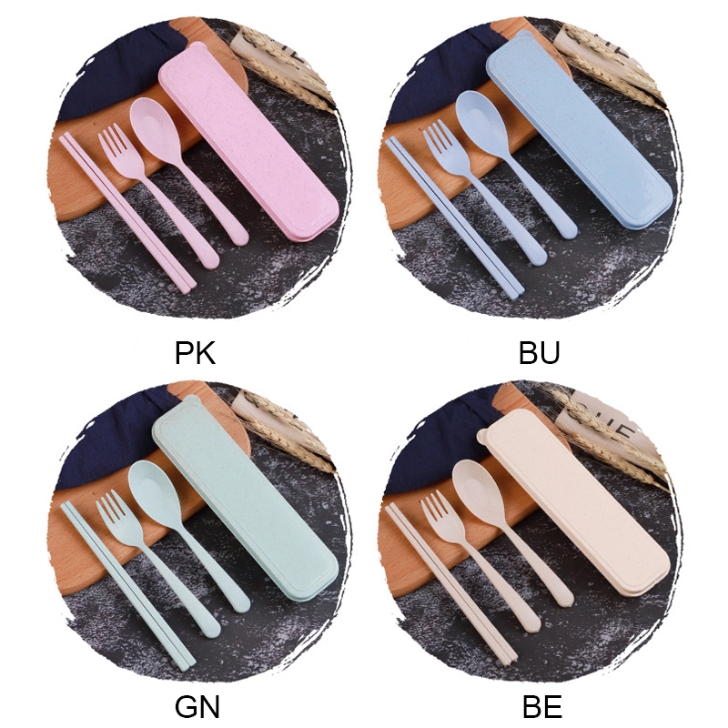 Bộ 3 món dụng cụ muỗng đũa nĩa bằng lúa mì thiết kế nhỏ gọn thích hợp mang đi du lịch cho trẻ em/người lớn