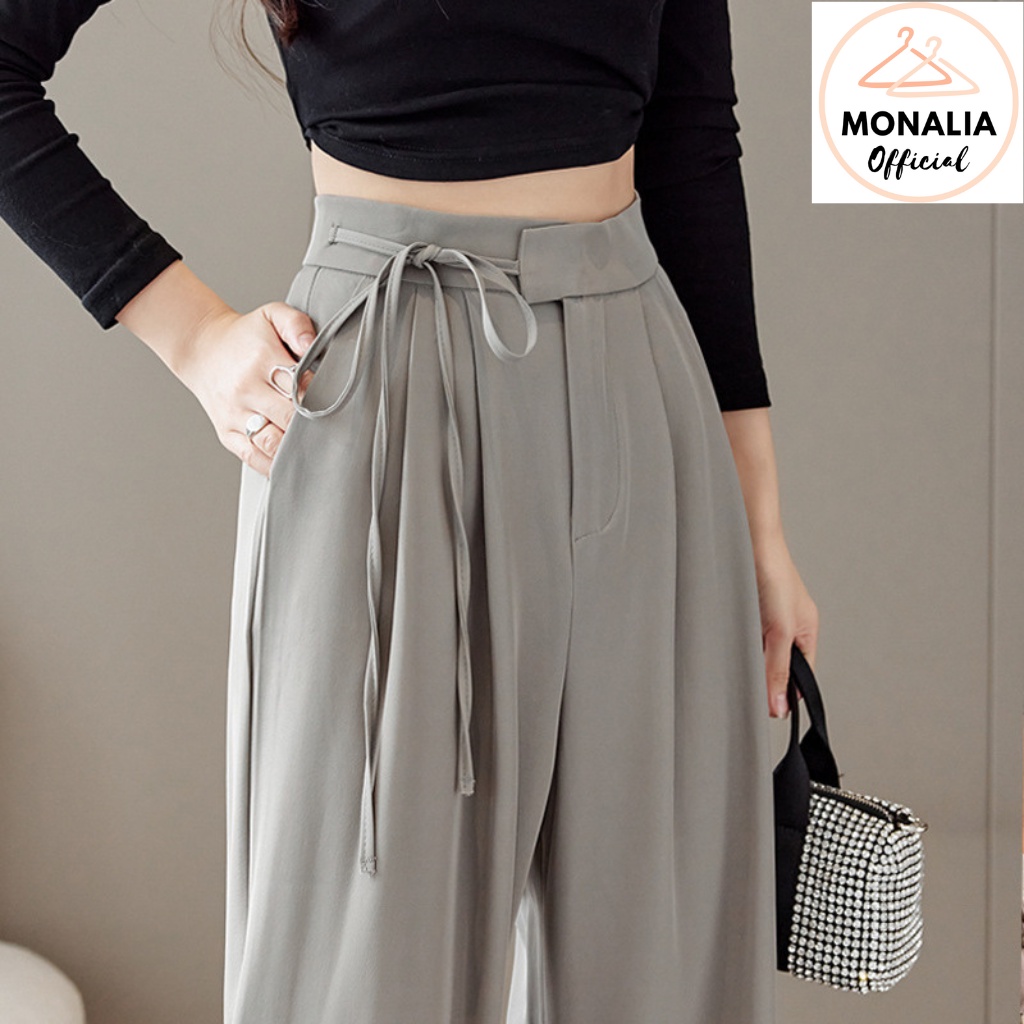 QUẦN ỐNG RỘNG MONALIA LƯNG CẠP CAO ỐNG SUÔNG VẢI NỮ DÀI CULOTTES XUÔNG MÀU ĐEN XÁM NÂU