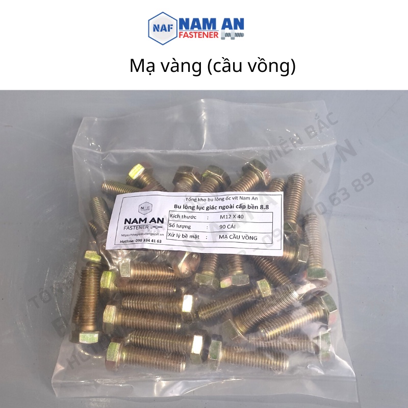 Bulong M16 cấp bền 8.8, bu lông lục giác M16, độ dài: 30->200 mm. Màu: Đen, Vàng, Trắng