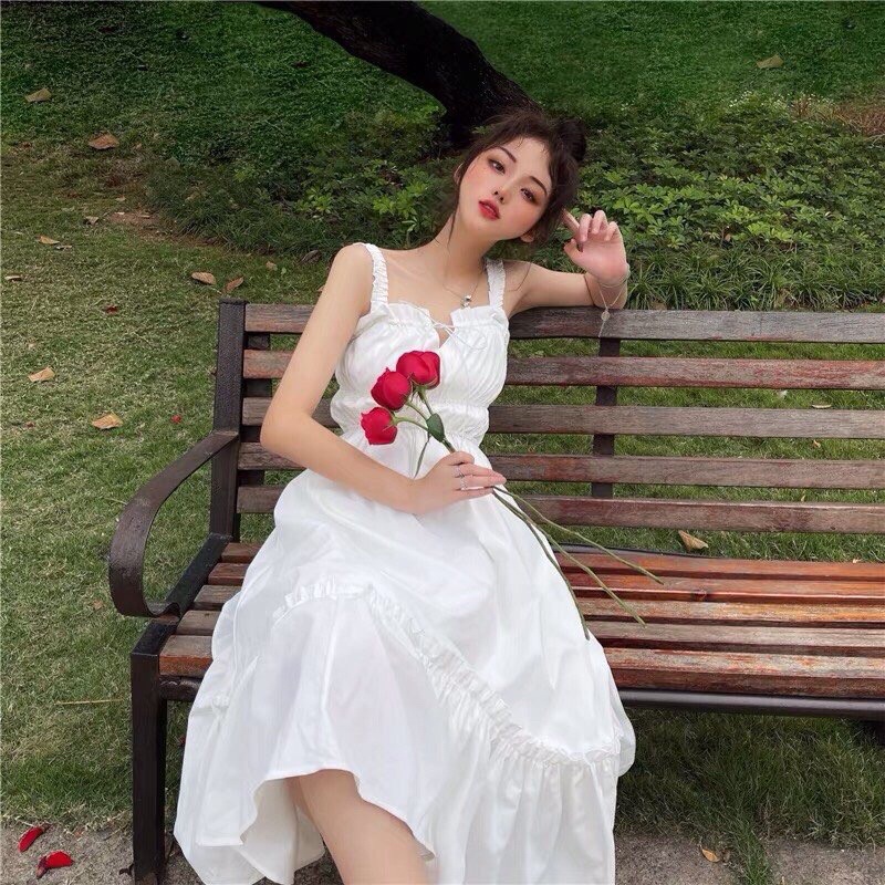 Váy hai dây chun ngực buộc dây vintage, váy maxi trắng < , kèm video