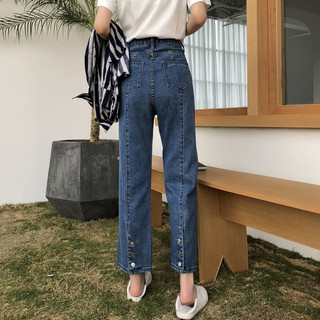 (Sẵn Xanh size L) Quần Jeans Ống Rộng Nút Sau Cá Tính Ulzzang - Order Quảng Châu (Loại 1)