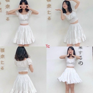 Bộ Áo Croptop Nữ Cổ Vuông Chân Váy Xòe Trắng siêu xinh