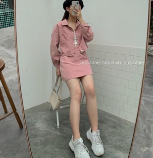 Tb  - Set áo khoác croptop chân váy Nhung tăm