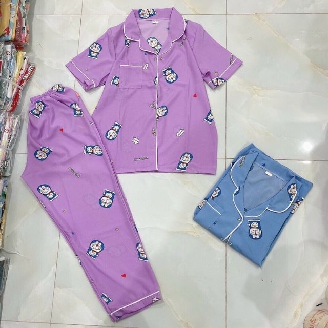 (PJ03) Bộ lụa mặc nhà nữ bigsize đồ bộ pijama lụa áo cộc quần dài chất mịn mát - sanado