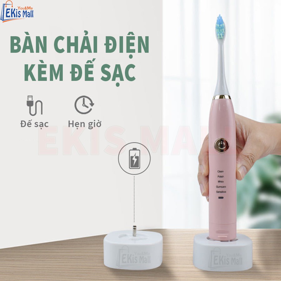 Máy đánh răng điện T2 tự động 5 chế độ rung sóng âm Kèm đế sạc nhanh Bàn chải điện nội địa Cao Cấp