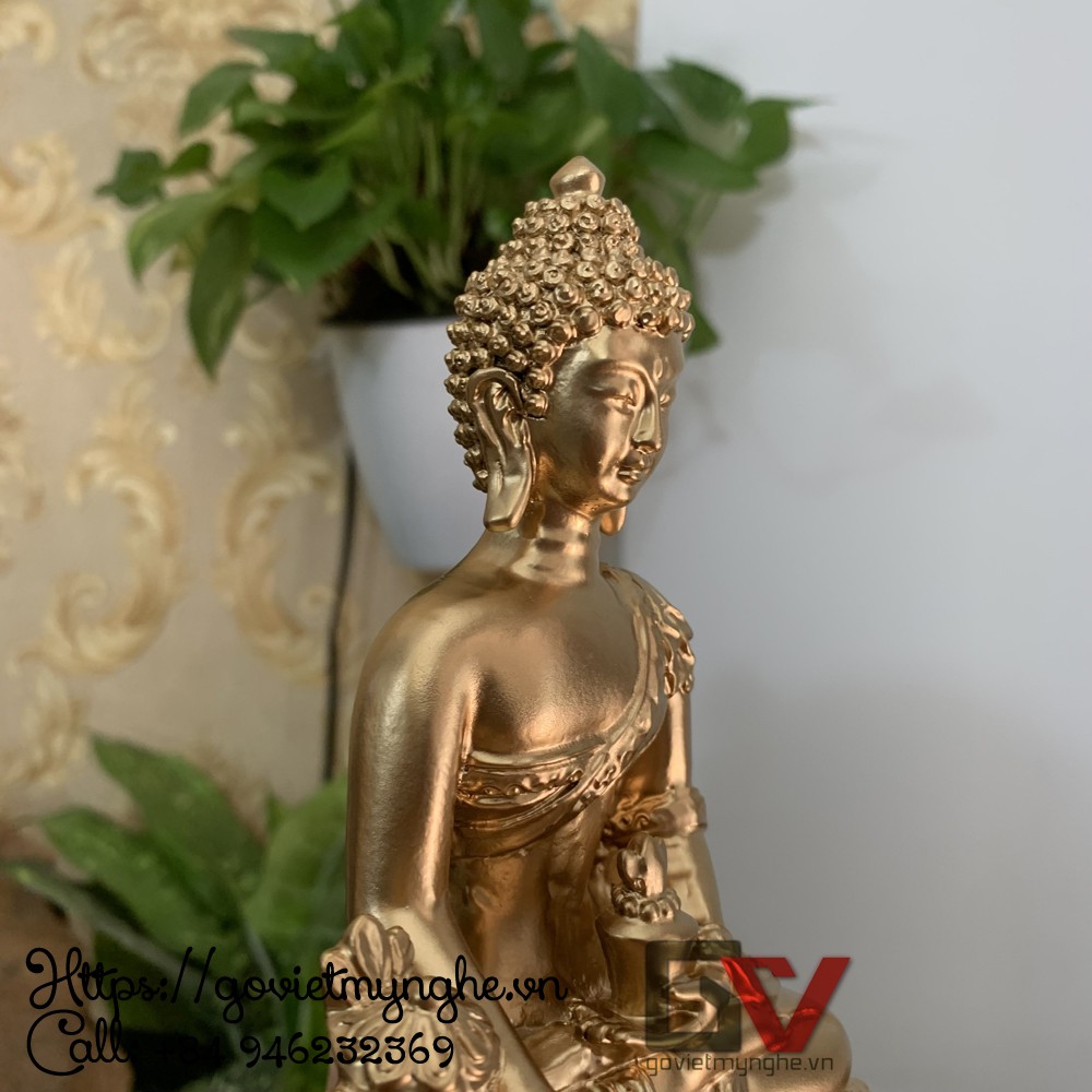Tượng đá trang trí Phật Dược Sư Lưu Lý Quang ngồi trên đài sen - Chiều cao 16cm - Màu nhũ đồng