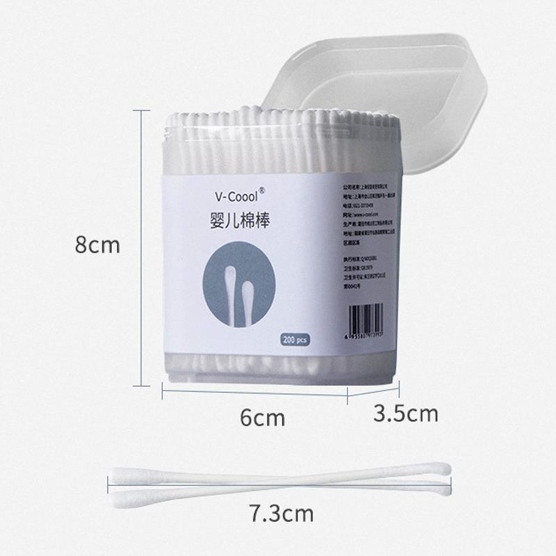 Tăm bông sơ sinh Vcool kháng khuẩn (hộp 200 que lõi giấy) đa năng cho bé vệ sinh tai, mũi