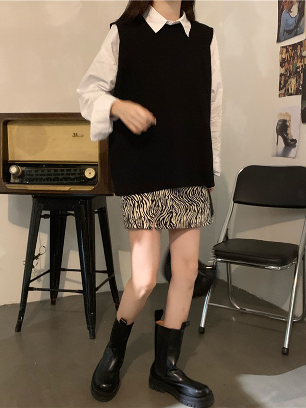 Set áo sơ mi tay dài kèm áo khoác len không tay và chân váy chữ A thời trang dành cho nữ | BigBuy360 - bigbuy360.vn