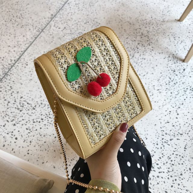 Túi cói đeo chéo họa tiết cherry