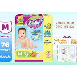 [Tặng kèm 8M] Bỉm/ Tã quần Bobby Jumbo M76+8/ L68+8/ XL62+8 đệm lưng thấm mồ hôi