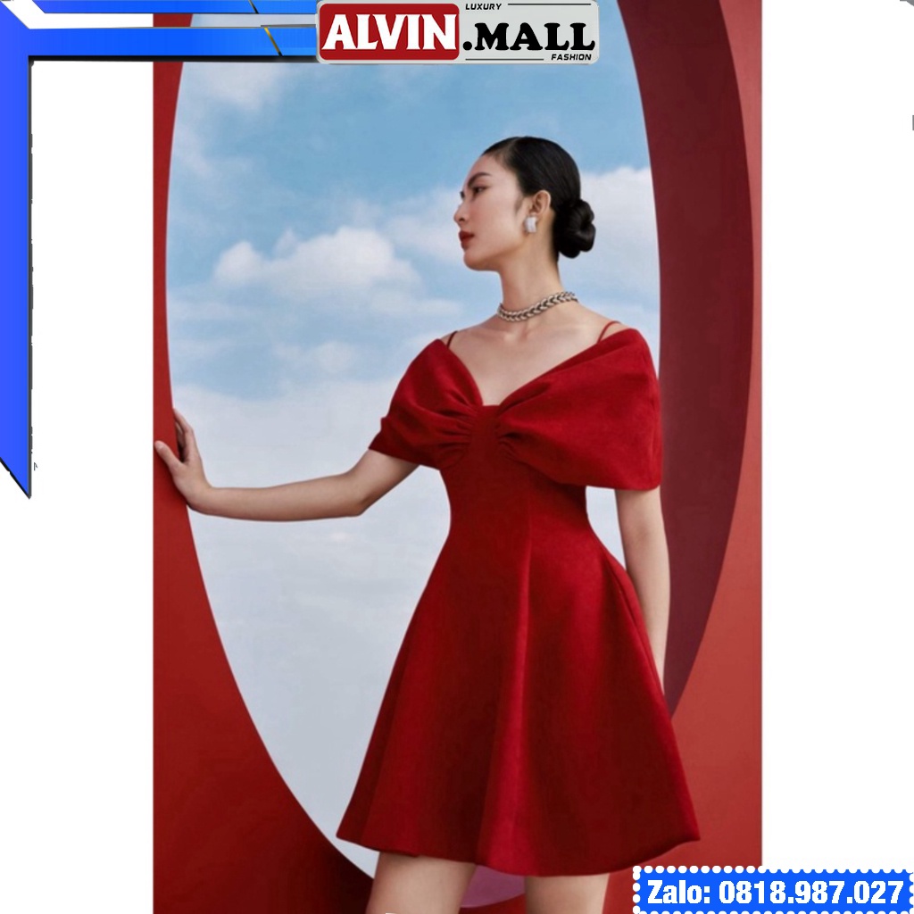 🔥𝓠𝓾ả𝓷𝓰 𝓒𝓱â𝓾 CAO CẤP🔥 Đầm dáng xòe hai dây hở vai ngang phối nơ màu xanh navy đỏ vải thun 4D nhập cao cấp ladyvi