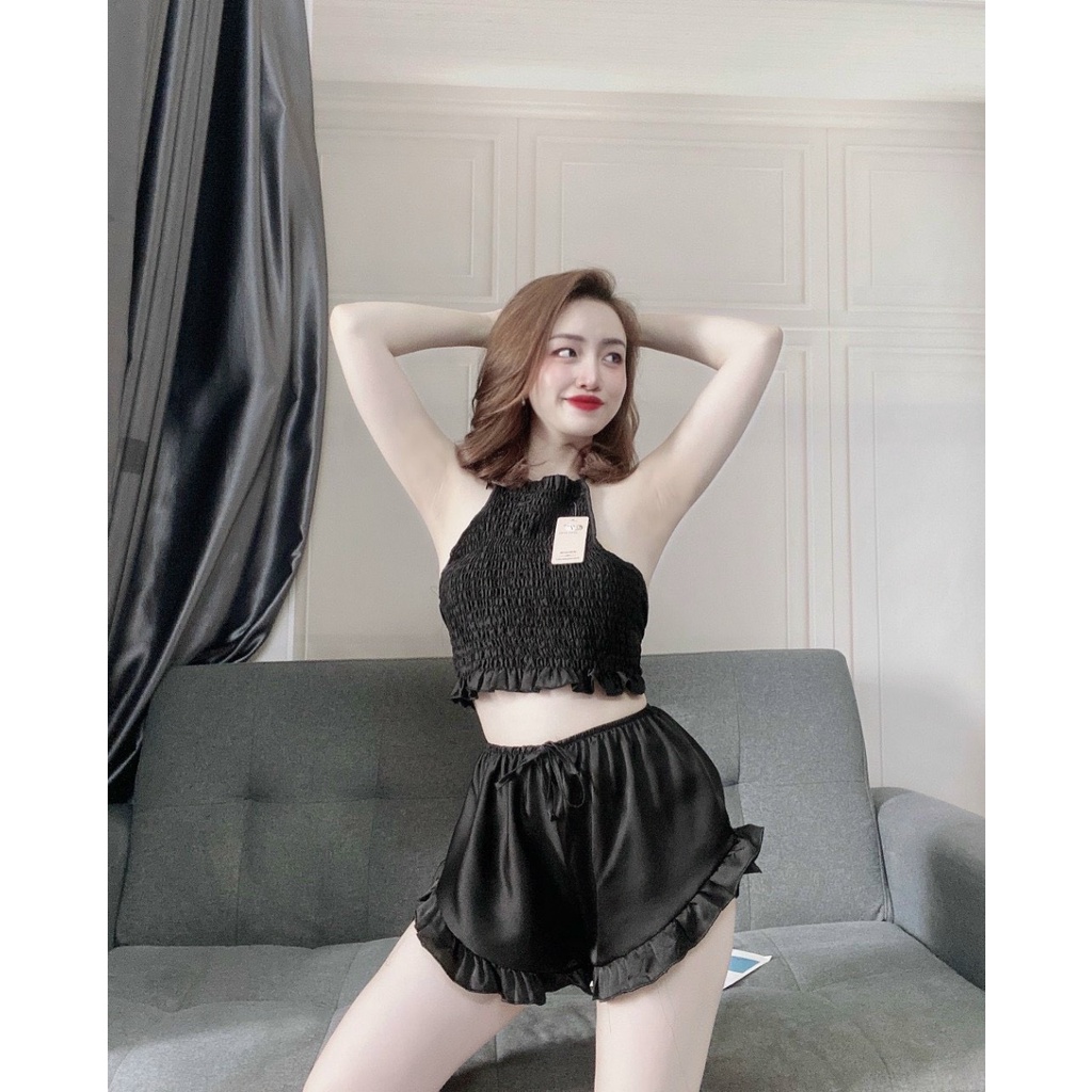 MẪU HÓT  Đồ ngủ sexy / Áo yếm 2 dây dập ly phối ren chất liệu lụa cao cấp freesize dưới 58kg kèm quần bèo gợi cảm