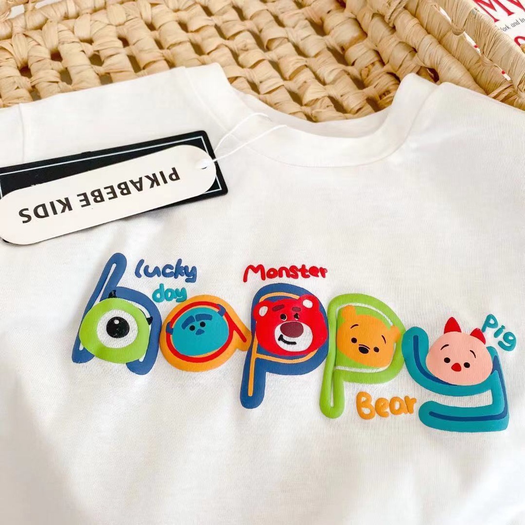 Áo Thun 100% Cotton Tay Ngắn Cổ Tròn In Họa Tiết Hoạt Hình Phong Cách Hàn Quốc Cho Bé Trai