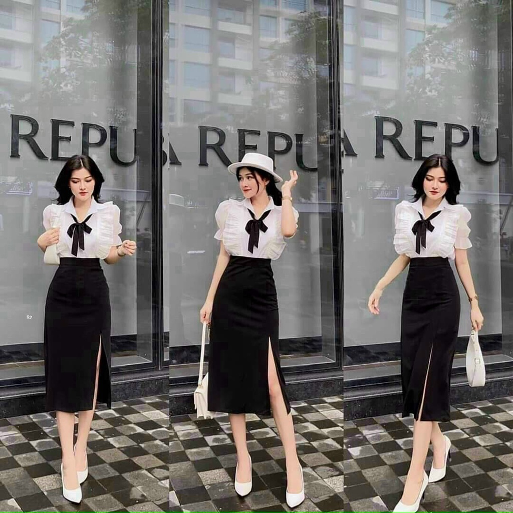 Sét Áó 2 Lớp Bèo Cài Nút Thật  Có Nơ,Cổ Sơ Mi Kèm Chân Váy Xẻ Tà Mẫu Như Hình Siêu Xinh Phù Hợp Mọi Phong Cách