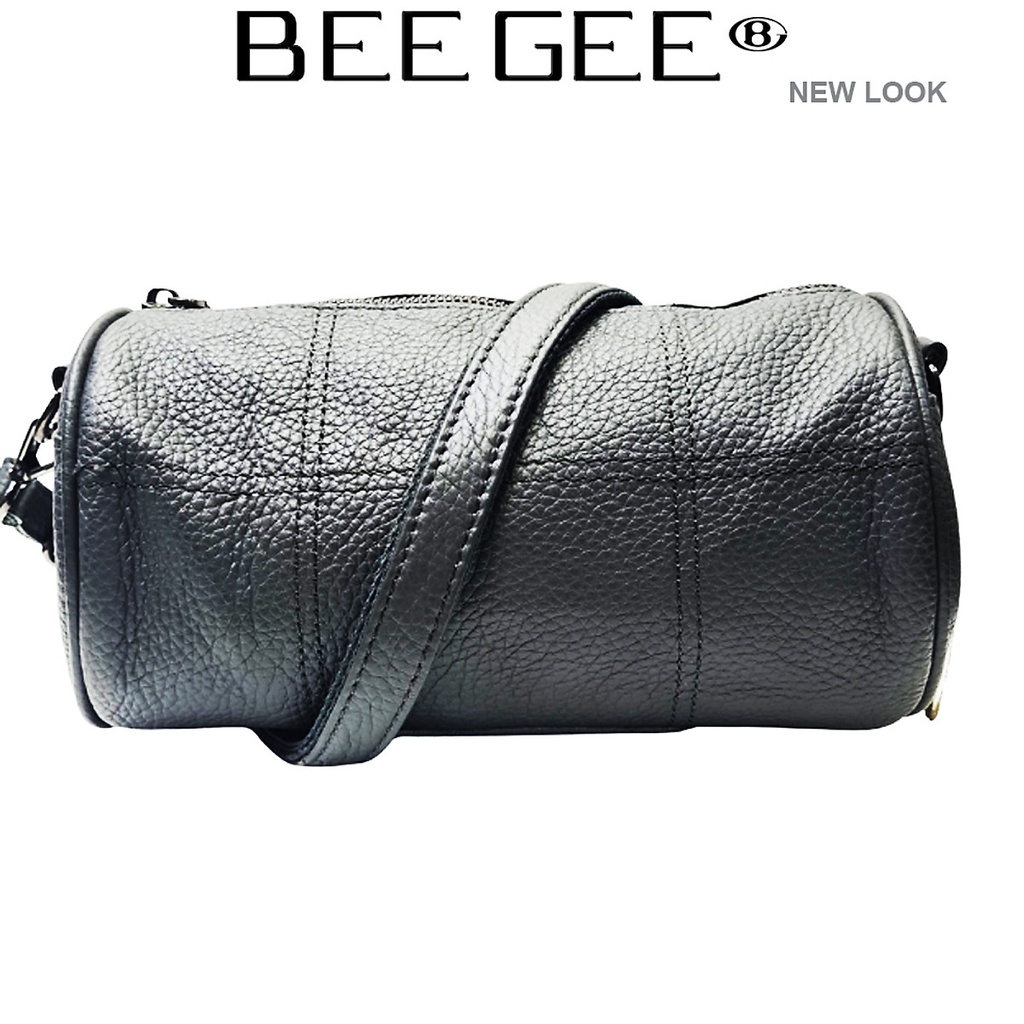 Túi Đeo Chéo Trống Tròn Cá Tính Nữ, da thật cao cấp BEE GEE 5116 (Dài 23 cm, đường kính 12cm)-Màu Xám