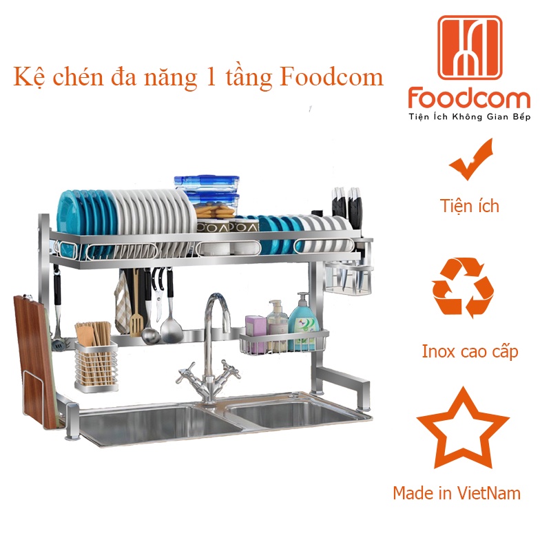 Kệ đựng chén bát đa năng FOODCOM Chất liệu INOX cao cấp, giá để bát 1 tầng tiết kiệm không gian gia đình