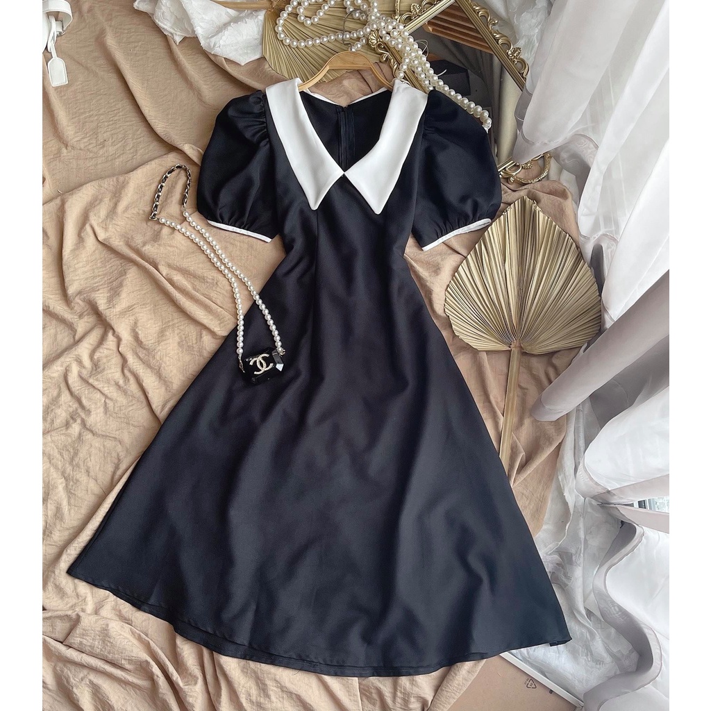 ĐẦM MIDI ĐEN TAY BỒNG CỒ NHỌN TRẮNG | BigBuy360 - bigbuy360.vn