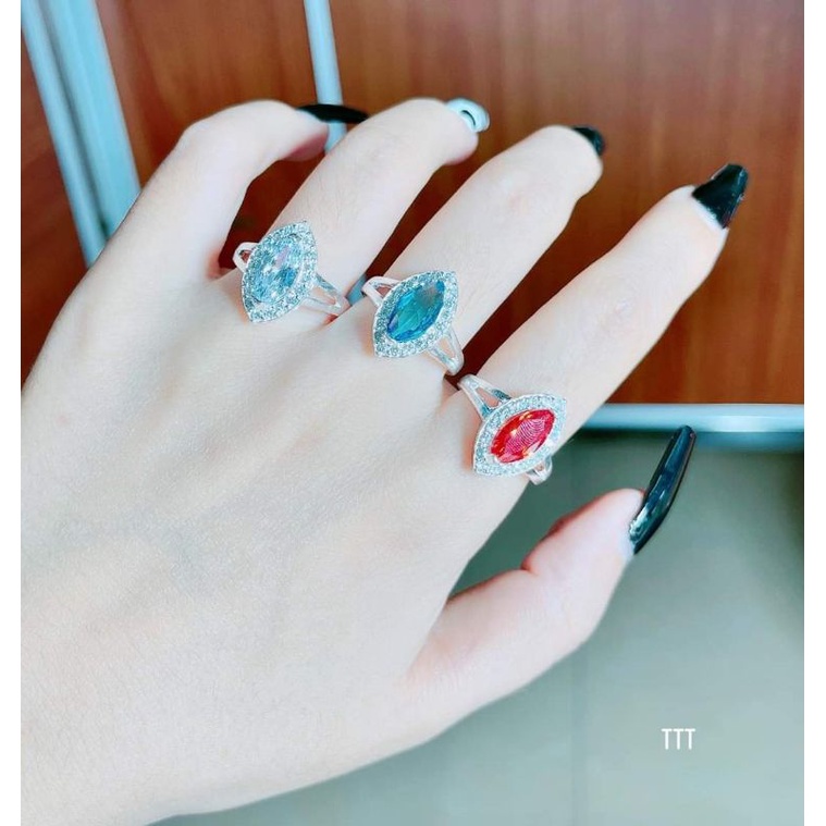 Nhẫn bạc mặt đá dáng hạt thóc nhiều màu