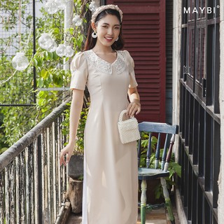Áo dài Maybi ôm phối cổ ren trắng