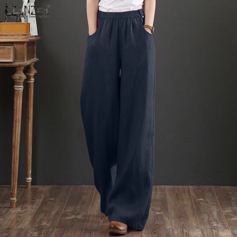 Quần ZANZEA cotton eo co giãn màu trơn ống rộng thời trang đơn giản thanh lịch cho nữ