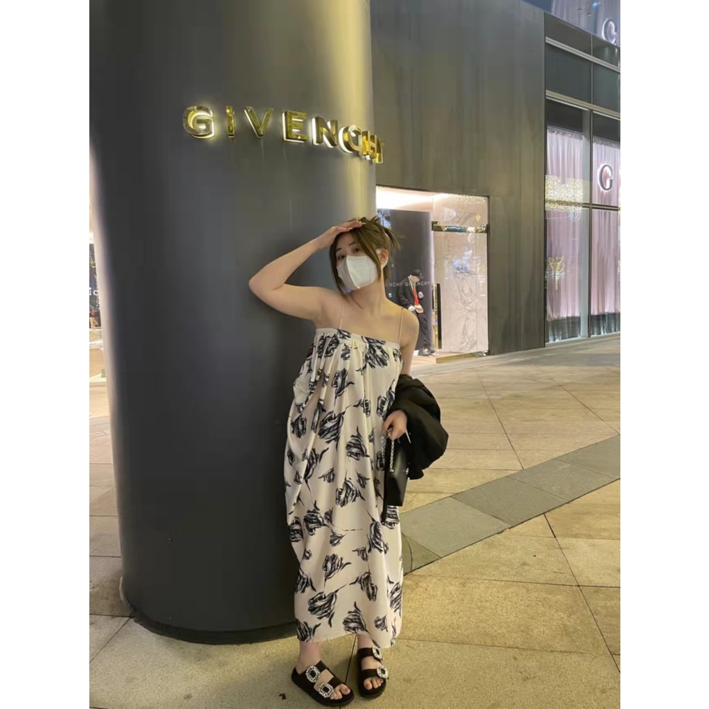 Đầm Hoa Hai Dây Dáng Chữ A Lưng Cao Thời Trang Hàn Quốc Xinh Xắn Cho Nữ