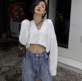 Áo croptop dài tay cổ V sâu deepcut